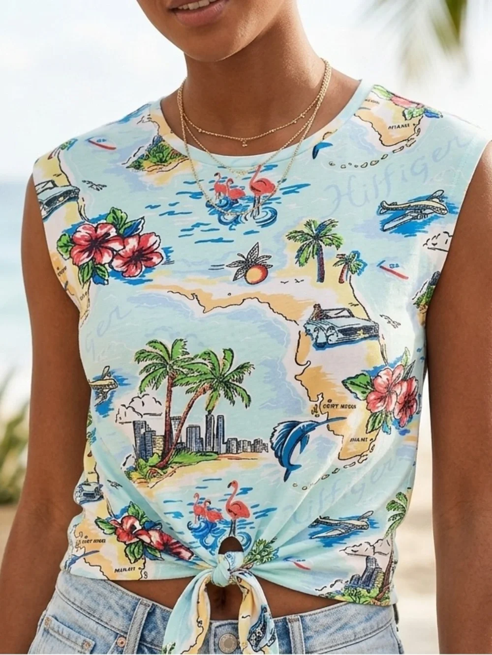 Tommy Hilfiger Light Blue Tropical Tie-Front Tank - Picture 1 of 2